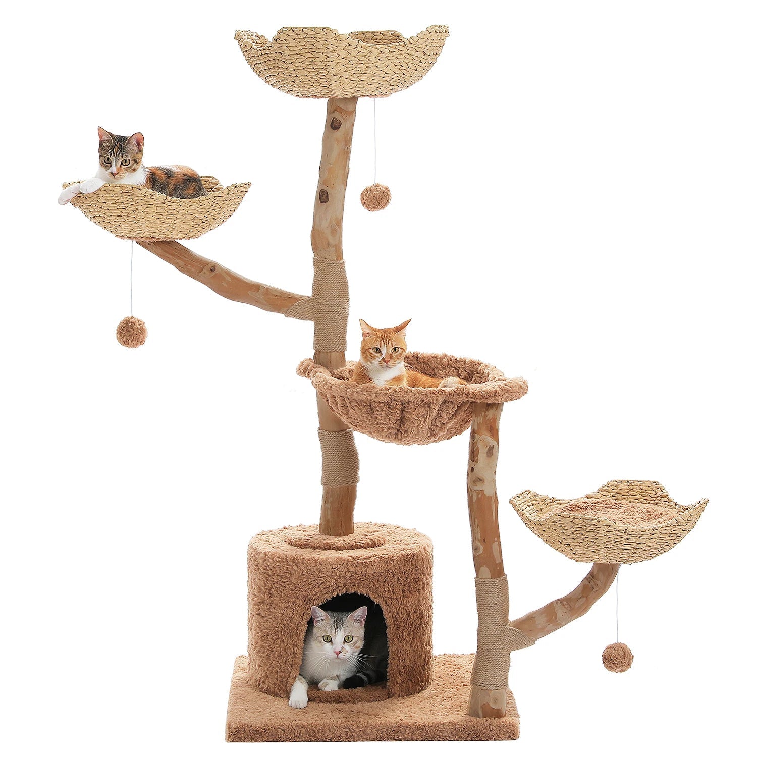 Arbre à chat en bois modèle brun naturel avec paniers tressés