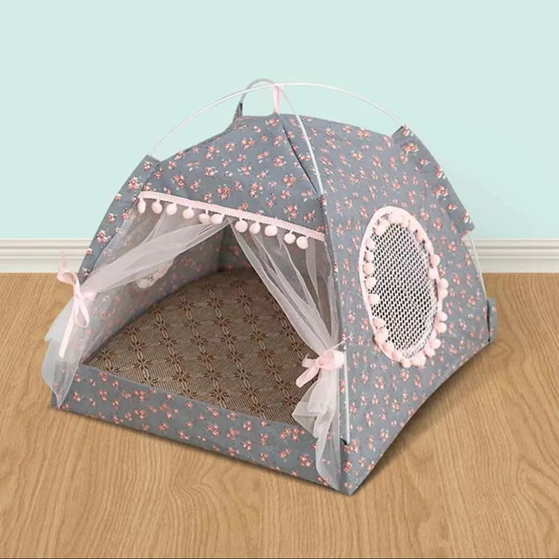 Tente fleurie grise pour chat